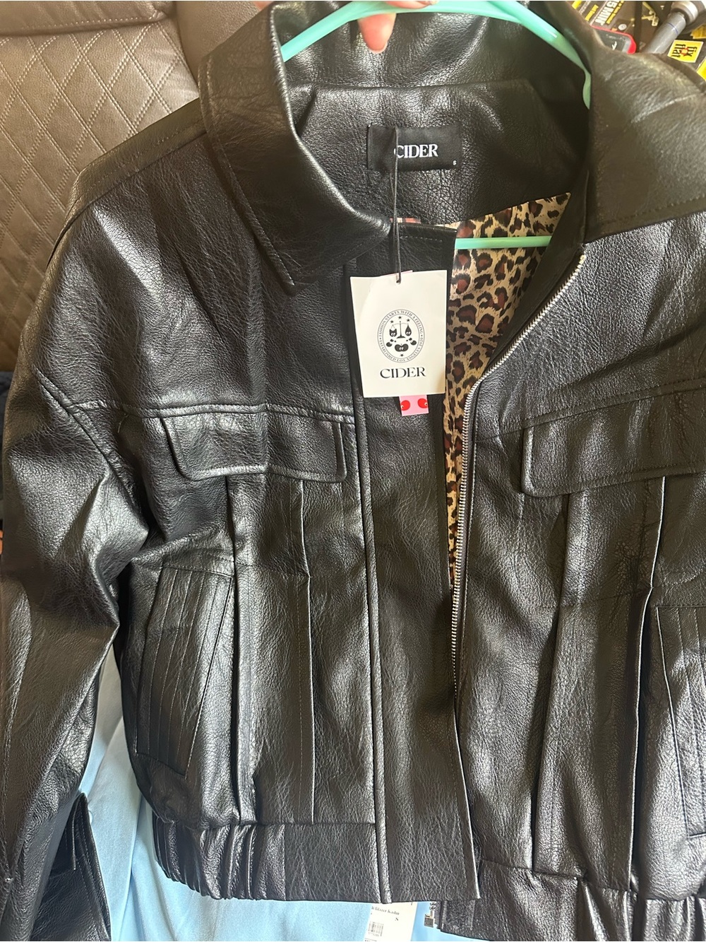 Cider Black Faux Leather Bomber Jacket with Leopard Lining